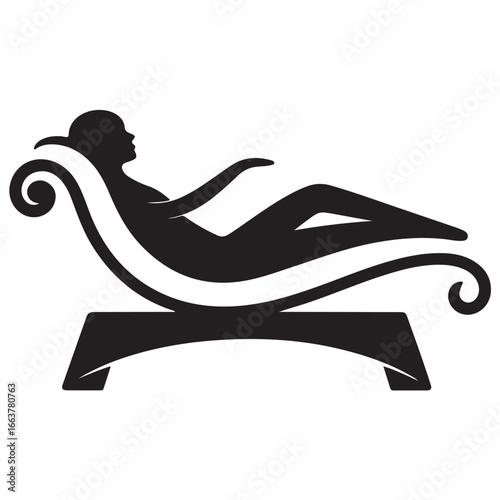 Black silhouette of a woman reclining on a chaise lounge with ornate scrollwork furniture