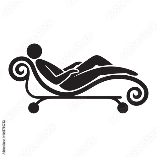 Black silhouette of a person reclining on a chaise lounge with ornate scrollwork black and white