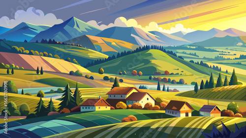 Panorama of beautiful Romanian countryside, sunny afternoon light dancing across fields, wonderful springtime landscape in distant mountains, grassy rolling hills alive with color, rural charm capturi