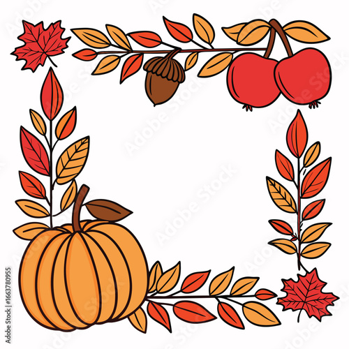 Colorful leaves, acorn, pumpkin and apple arranged within an autumnthemed rectangular frame on white