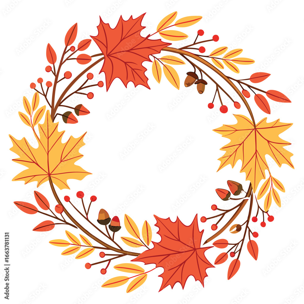 Fototapeta premium Wreath with fall foliage and autumn acorns creating a rustic seasonal frame with transparent background