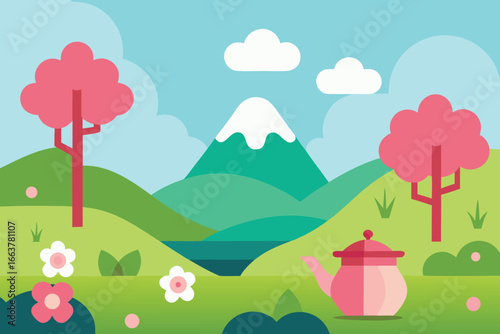 A picturesque landscape featuring mountains, trees, flowers, and a teapot, creating a serene and idyllic scene in a spring garden setting