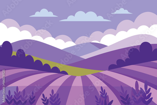 A breathtaking lavender field landscape with rolling hills and a cloudy sky, creating a peaceful and idyllic scene in the countryside during summer