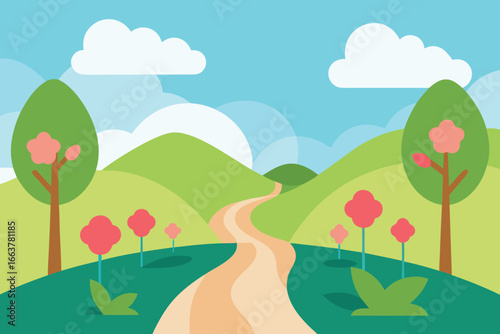 A scenic landscape illustration featuring a winding path through green hills, blossoming trees, and fluffy clouds under a bright blue sky on a sunny day
