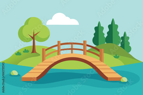 A serene bridge over water in a picturesque landscape, a flat vector illustration evoking tranquility and the beauty of natures harmony