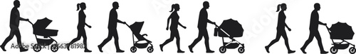 Silhouette of man and woman walking with baby stroller, parenting concept vector, family care design illustration for stock graphics