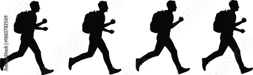 Silhouette of man running with backpack, outdoor activity, hiking motion vector, athletic person isolated on white background illustration