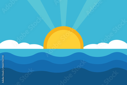 A serene sunrise over the ocean, with golden rays of light piercing through the clouds, creating a peaceful and idyllic seascape scene