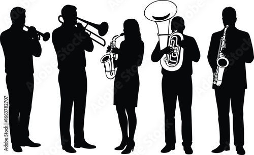 Silhouette of musicians playing brass and woodwind instruments, jazz band illustration, trumpet saxophone trombone tuba performance, black vector art