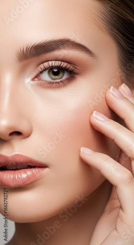 Close-up of young caucasian female with flawless skin and natural makeup