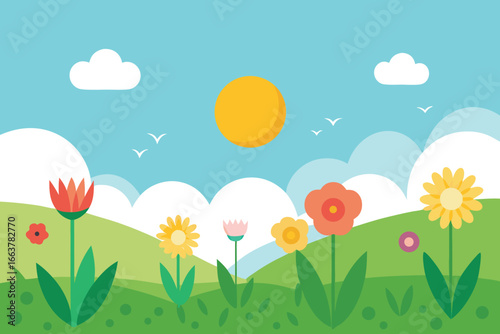 A vibrant flower field under a sunny sky, with fluffy clouds and birds in flight, creating a peaceful and idyllic spring landscape scene