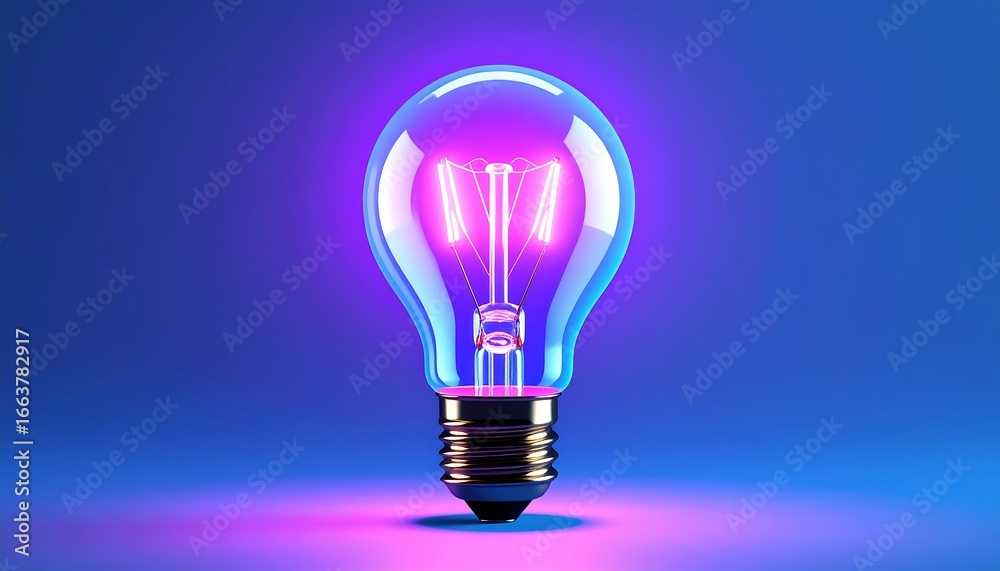 Fototapeta premium A radiant incandescent light bulb glows vibrantly in a vibrant blue backdrop, highlighting its luminous pink-purple filament.