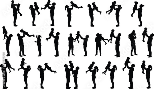 Silhouette of parents lifting children in joyful bonding moments,playful parenting, love, interaction, family unity
