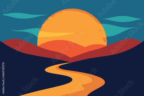 A scenic sunset over mountains with a winding road, capturing the beauty of nature and inviting travel and exploration in a peaceful landscape