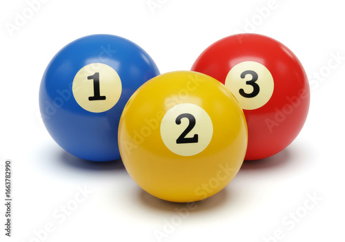 A clean close-up of three billiard balls — blue (1), yellow (2), and red (3) — arranged in a staggered formation on a crisp white background. Perfect for game-themed projects, sports illustrations, an