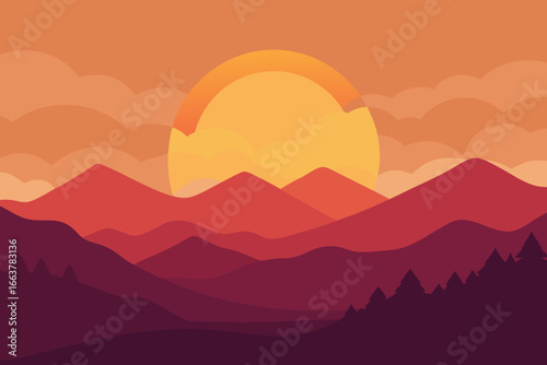 Serene mountain landscape at sunset, with rolling hills and a vibrant gradient sky, creating a peaceful and abstract nature scene