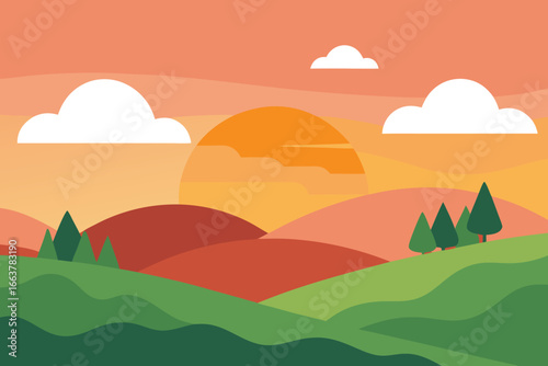 Idyllic countryside landscape at sunset, with rolling hills, lush fields, and a vibrant gradient sky, creating a peaceful and abstract nature scene