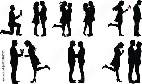 Silhouette of romantic couples kissing, hugging, giving flowers, , love, affection, Valentine’s Day, relationship moments