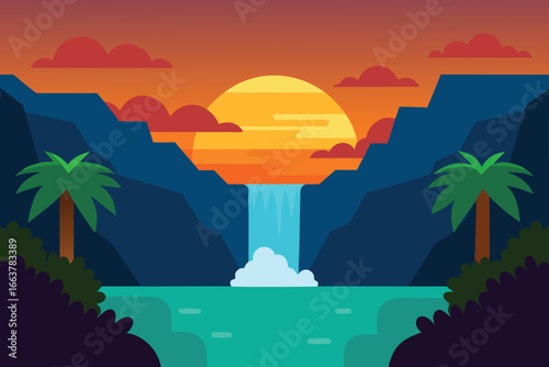 Tropical waterfall landscape at sunset, featuring cascading water between cliffs and palm trees, creating a serene and picturesque travel destination