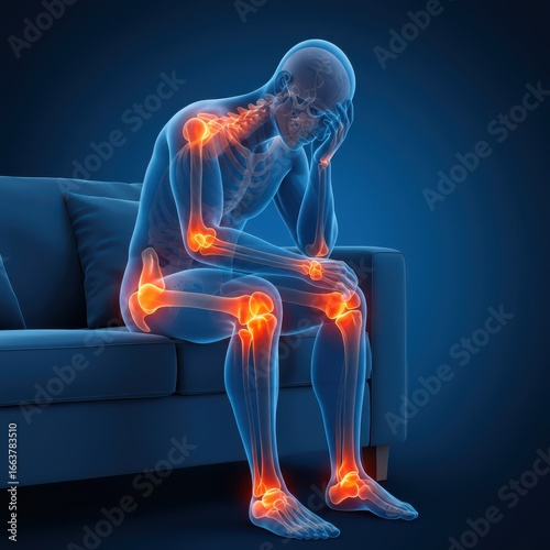 3D Illustration of Man Sitting on Sofa with Highlighted Pain Areas in Joints – Concept of Chronic Joint Pain, Arthritis, or Musculoskeletal Disorders