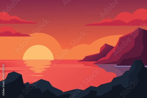 A breathtaking sunset over the sea, with mountains in the background, creating a serene and picturesque landscape that evokes tranquility and peace