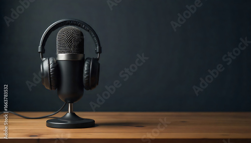 Podcasting and radio concept with retro microphone and headphones on empty wooden table and dark blank wall background with place for your logo text. 3D rendering, mock up, created with generative ai