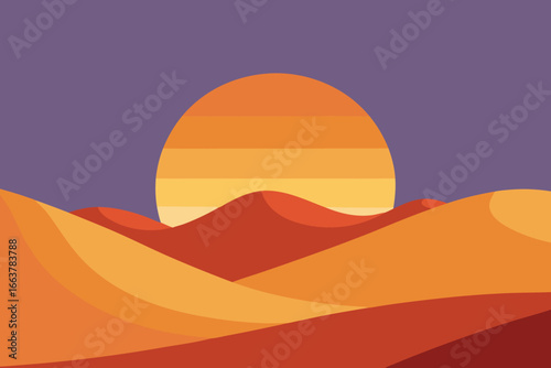 Minimalist desert landscape with sand dunes and a setting sun casting warm orange hues against a serene purple sky, creating a tranquil scene