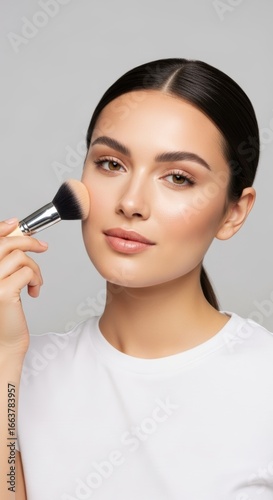 Young caucasian female applying makeup with brush on smooth complexion