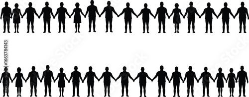 Silhouette people holding hands, community unity concept, human connection illustration, teamwork and support, standing together, social bond, group harmony symbol