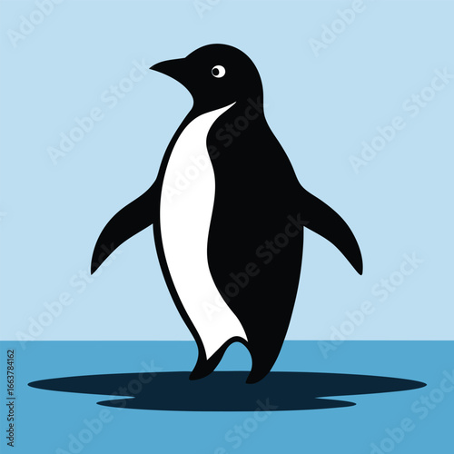 Penguin Silhouette Standing on One Leg Illustration with Grayscale and Color Elements