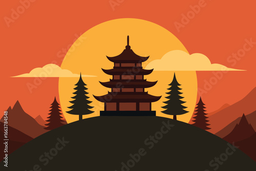 A serene sunset view of a traditional asian pagoda nestled atop a hill, surrounded by trees and mountains, evoking a sense of peace and tranquility