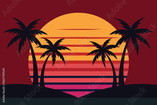 A vibrant tropical sunset with silhouetted palm trees on a beach, evoking a sense of relaxation and paradise, perfect for a summer vacation getaway