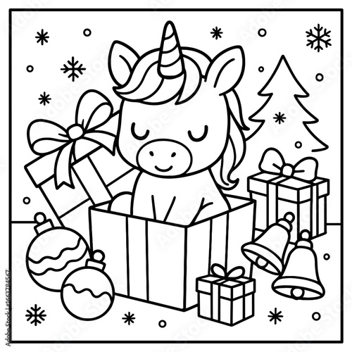 Cute Christmas Unicorn Coloring Page in a Gift Box