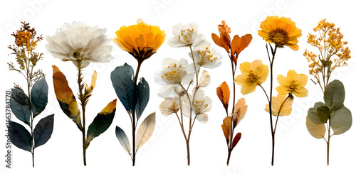 Dry pressed wild flowers and plants isolated on transparent background. Botanical collection