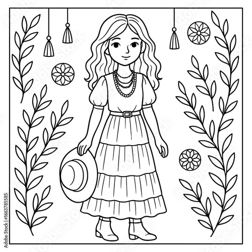 A black and white illustration of a young girl wearing a beautiful, tiered dress, accessorized with a hat and jewelry.