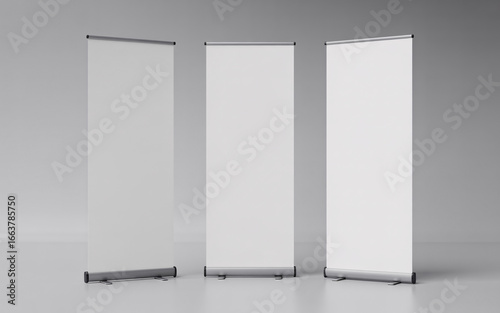 Blank White Roll Up Banners Mockup | Three Empty Pull Up Stands for Advertising, Presentations, and Trade Shows