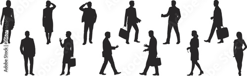 Silhouettes of Business Professionals Walking and Communicating, Corporate Figures Holding Briefcases, Diverse Office Team Poses for Branding, Marketing, Presentation, and Visual Design Projects