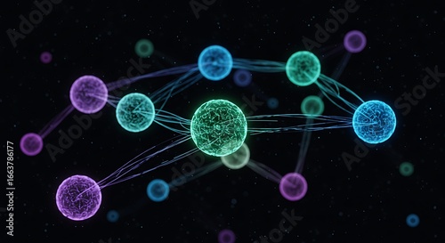 AI system visualized as interconnected floating spheres with energy pulses, dark background, ethereal and abstract design