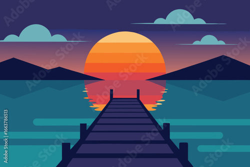 A tranquil sunset landscape featuring a pier extending into a calm lake, reflecting the vibrant colors of the sky and mountains