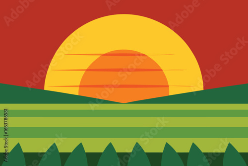 Vibrant sunset over a lush green field, a serene landscape with warm colors and a peaceful atmosphere, perfect for nature and travel themes