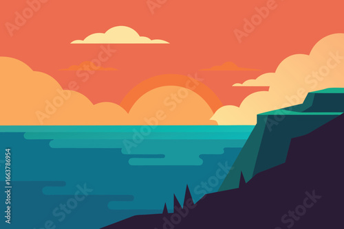 A minimalist flat vector illustration of a sunset over the sea with cliffs and clouds, creating a serene and peaceful landscape scene