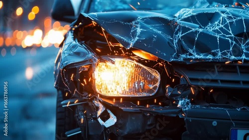 A car is in a wreck with a headlight on fire. The car is on a wet road