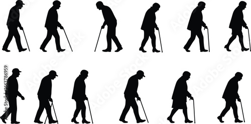 Silhouettes of elderly people walking, using canes, aging gracefully, mobility support, senior health, independence, posture care, wellness, lifestyle, mature movement