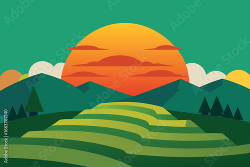 Scenic rice terrace landscape with mountains and a vibrant sunset, showcasing the beauty of rural agriculture and natural harmony in asia