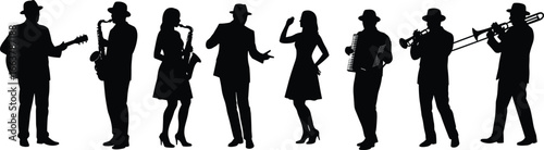 Silhouettes of jazz band musicians, playing instruments, men and women performers, music concert illustration, live performance art, vintage retro style