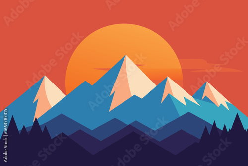 A majestic mountain range at sunset with vibrant colors, showcasing the beauty of nature and the tranquility of the wilderness landscape