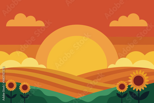 A serene sunflower field at sunset, showcasing the beauty of rural landscapes and the warmth of a summer evening with golden light