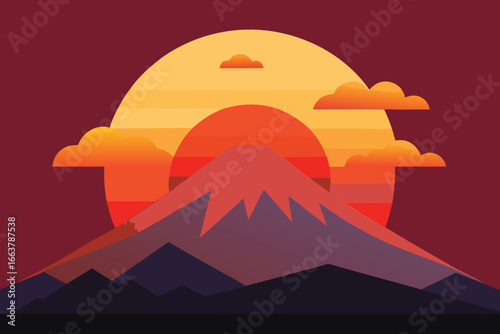 Majestic mountain landscape at sunset with vibrant colors, creating a dramatic and inspiring scene of natures beauty and the serenity of the horizon