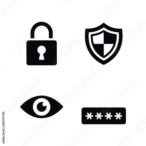 Four black security icons including a lock shield eye and password