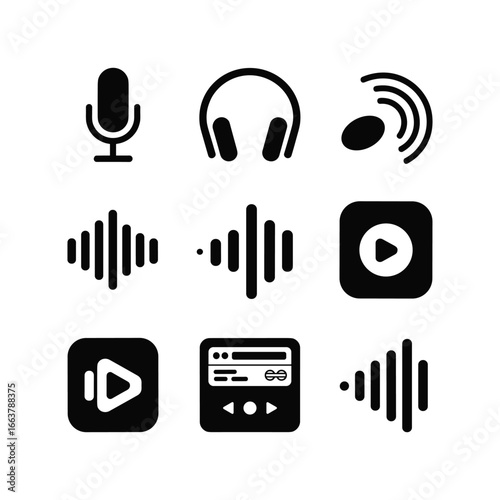 Collection of nine black audio and music icons on a white background